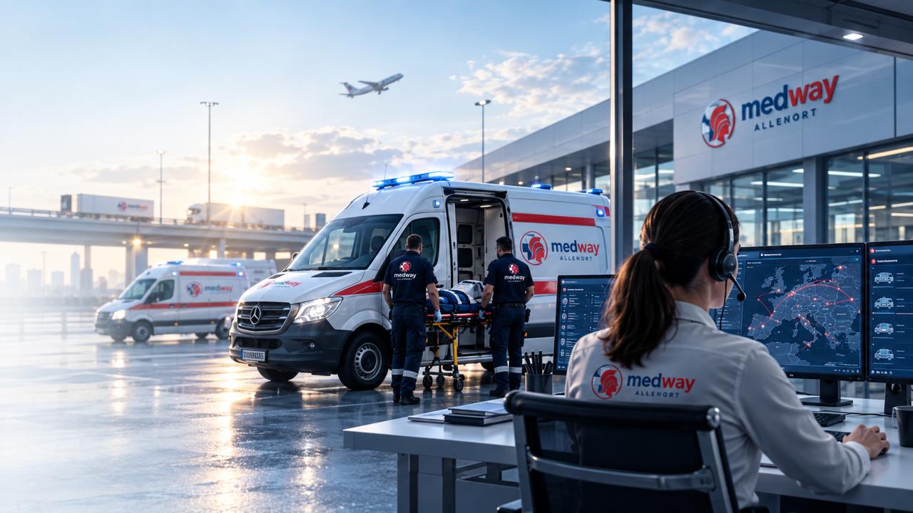 Ambulans transportu medycznego w trasie o zmierzchu